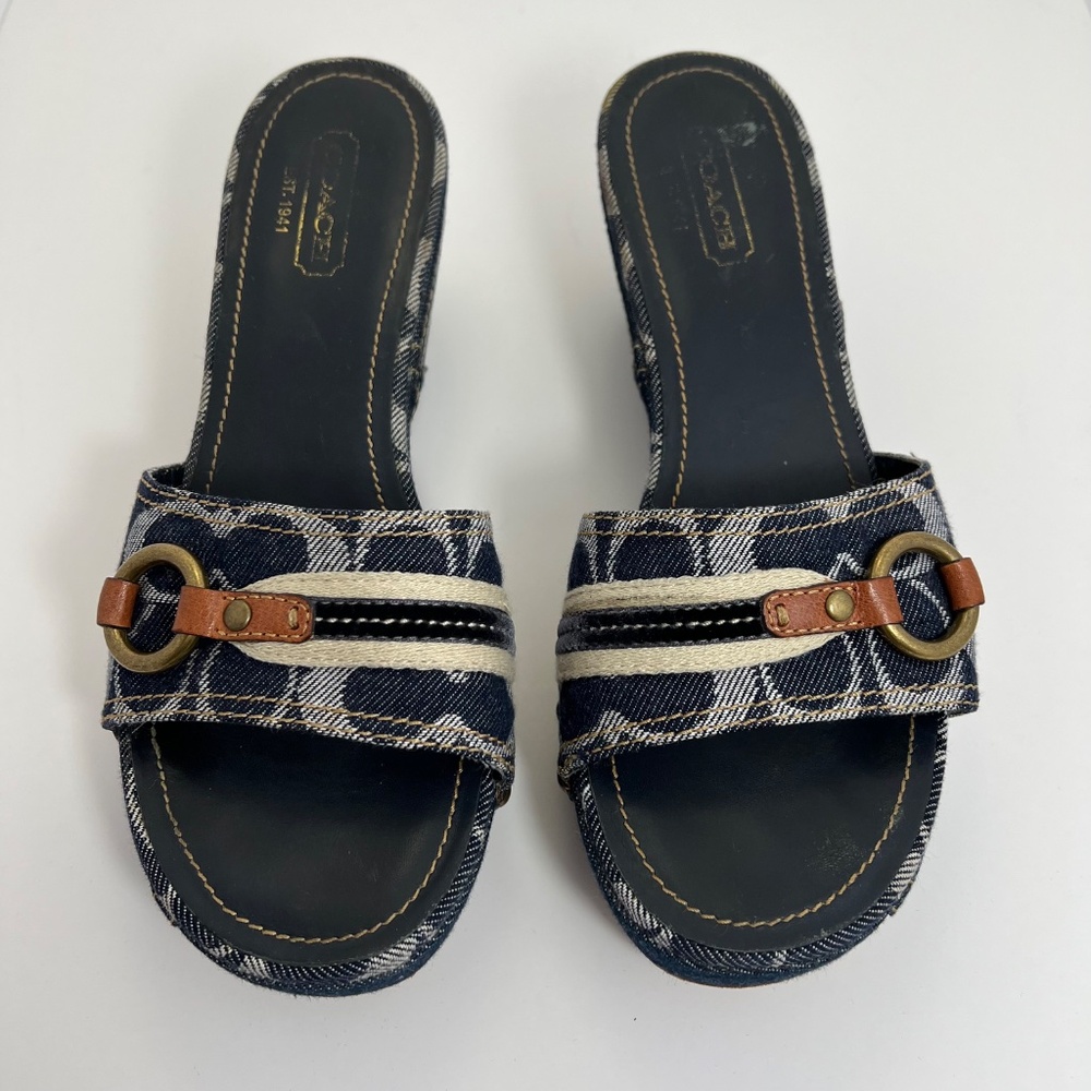 Coach Navy Signature Denim Slide Wedge Sandal Size 8.5 - Picture 2 of 10